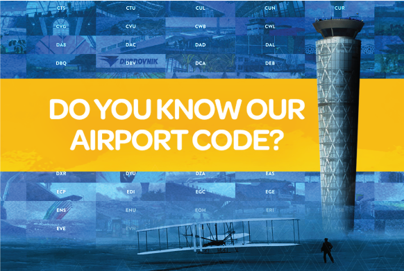 Text on image: Do you know our airport code? Image features the Dayton airport tower and several airport codes from around the world